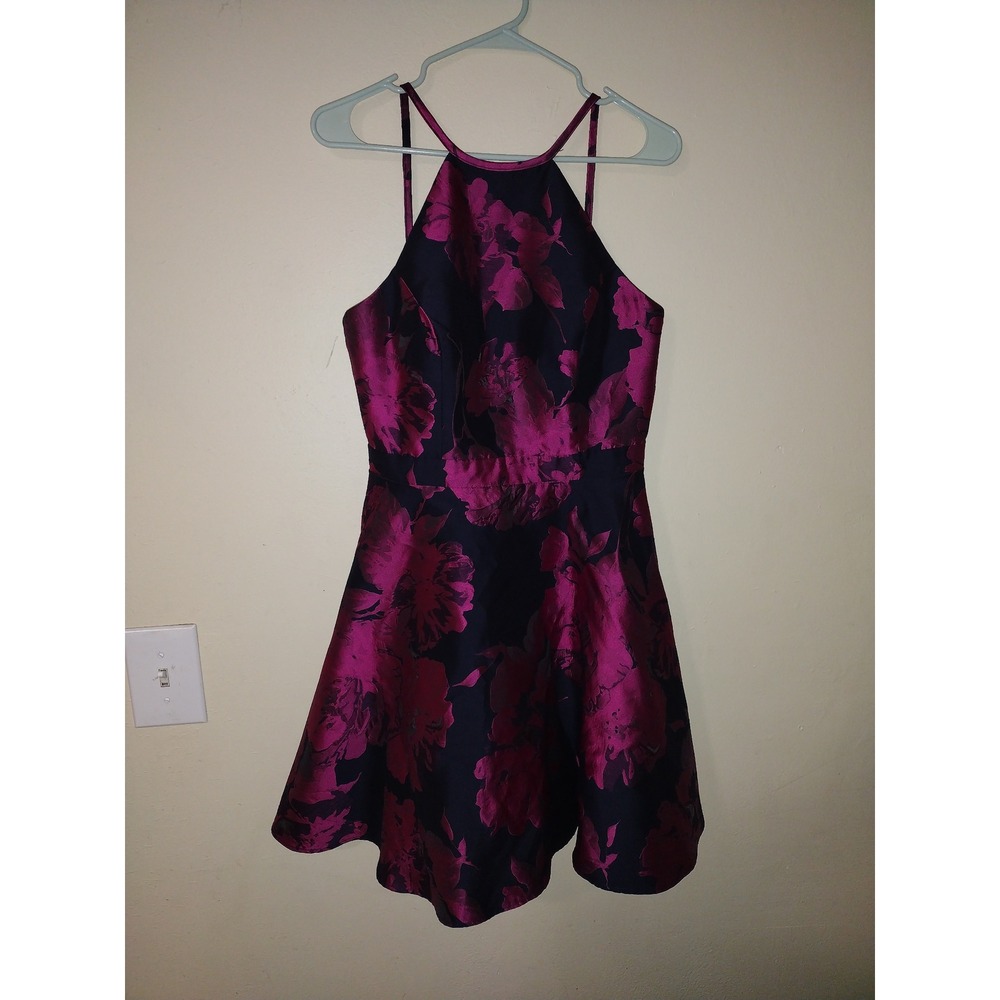 Xscape Womens Floral Jacquard Halter Fit Flare Cocktail‎ Dress Navy Pink 8